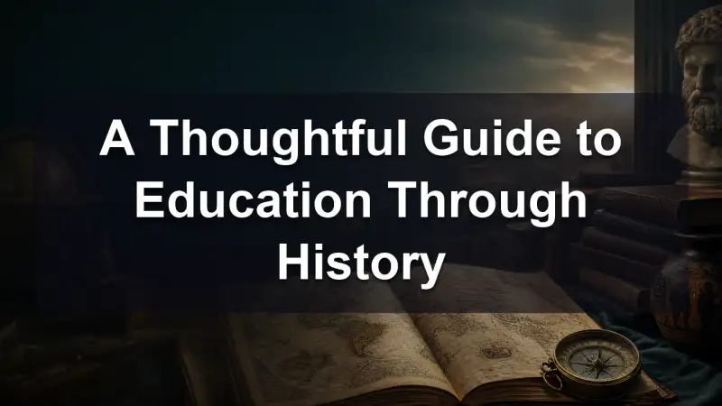 An open education history beside a vintage classroom photograph and a reading lamp