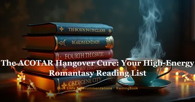 A stack of romantasy books including A Court of Thorns and Roses, Fourth Wing, Throne of Glass, and Crescent City, surrounded by glowing faerie lights and a steaming tea cup, representing the bookish community's search for the next obsession.