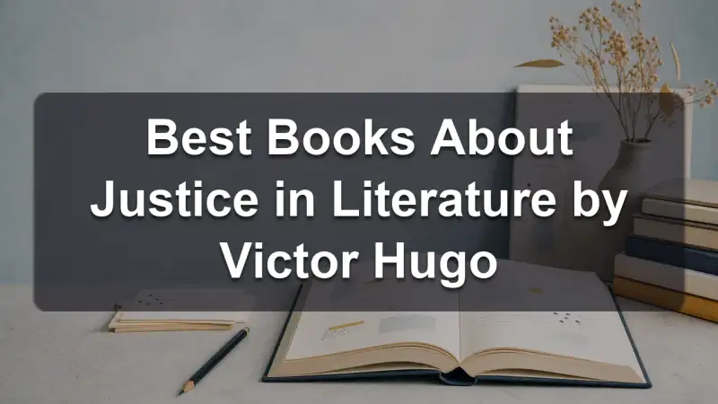 Stack of books by Victor Hugo and related literature on justice
