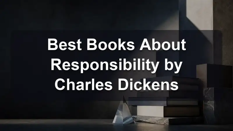 Stack of books by Charles Dickens and related literature on social responsibility