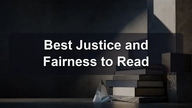 A stack of books about justice and fairness with a balance scale beside it