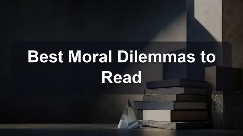 A stack of books about moral dilemmas with a question mark beside it