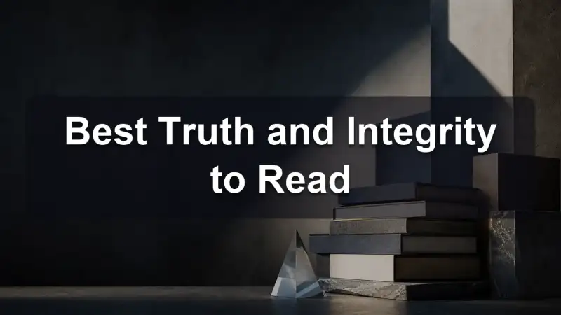 A stack of books about truth and integrity with a magnifying glass beside it