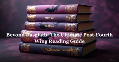 A stack of romantasy books with dragon silhouettes and shadowy figures, purple and gold color scheme, academy aesthetic