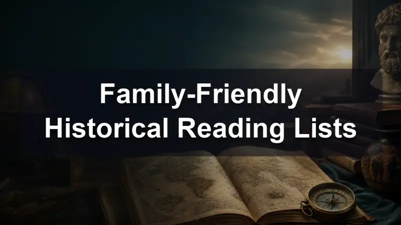 A child reading a history book beside a stack of illustrated books